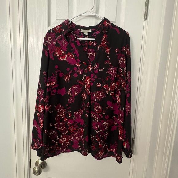Dana Buchman Tops - Dana Buchman Women’s XL Blouse Black Pink Floral Long Sleeve Button Cuff